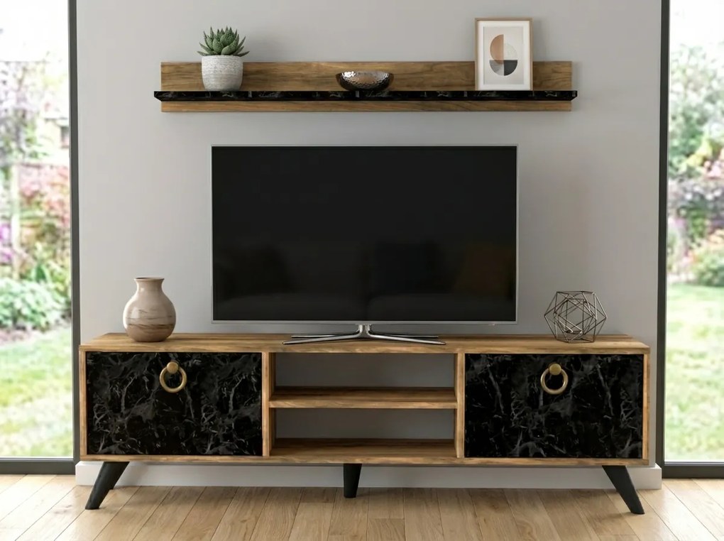 TV szekrény ZEN 160 cm fali polccal, dió/fekete márvány dekoráció