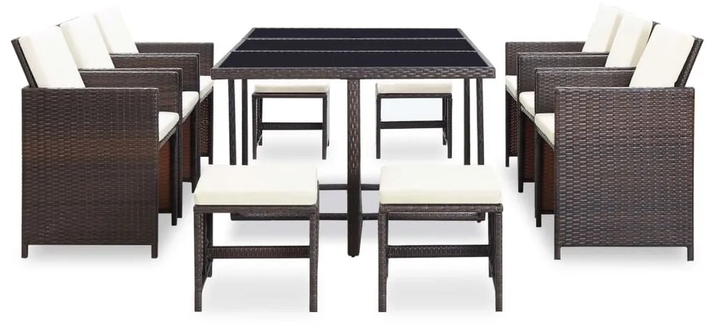 vidaXL 11-részes barna kültéri polyrattan étkezőszett párnákkal