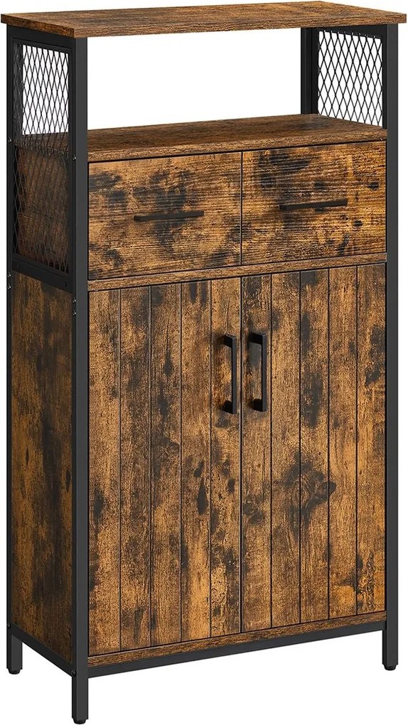 Tárolószekrény, komód fiókkal és állítható polccal – rusztikus barna–fekete színben