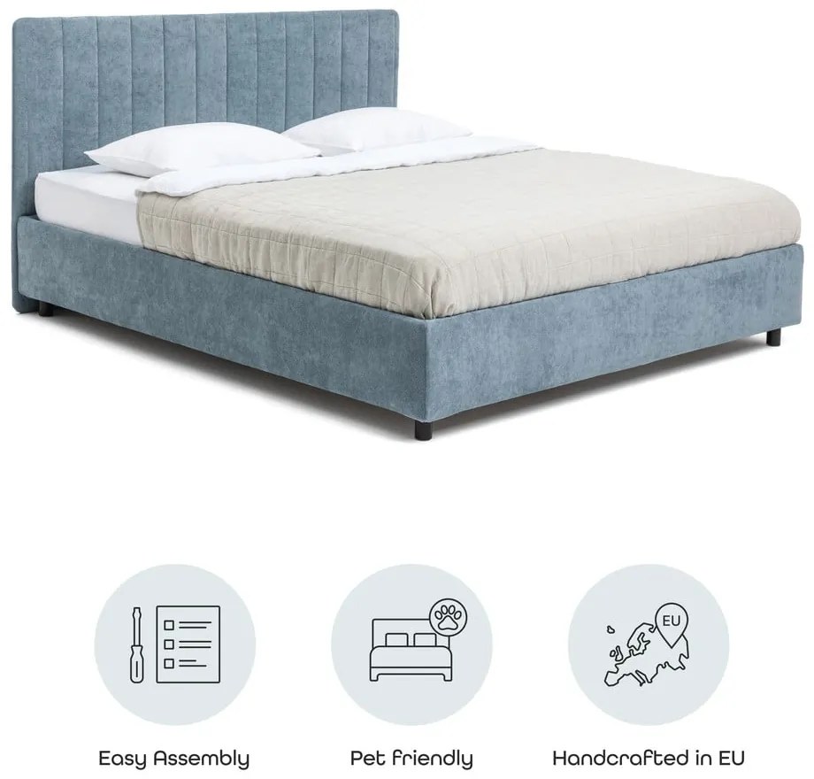 Kék kárpitozott ágyneműtartós franciaágy ágyráccsal 180x200 cm Myra Slim Line – Bonami Selection