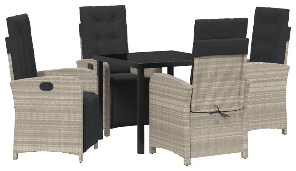 5 részes kerti étkezőszett párnákkal világosszürke poli rattan, kerti asztal fekete 80x80x73 cm edzett üveggel