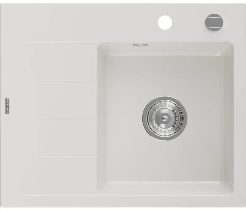 Mexen Ben gránit mosogató 1-medencés csepegtetővel, jobb oldal 600 x 500 mm, fehér, krómozott szifon - 6523605000-20