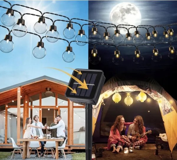 LED napelemes dekorációs fényfüzér, 30 LED, 8 üzemmód, 500 mAh, 10,6 m, IP67, meleg fehér