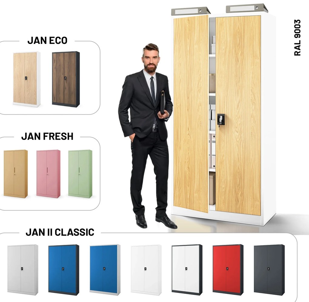 Magas fém irodai iratszekrény, fehér/arany tölgy, 900x1950x400 mm: JAN H Eco Design