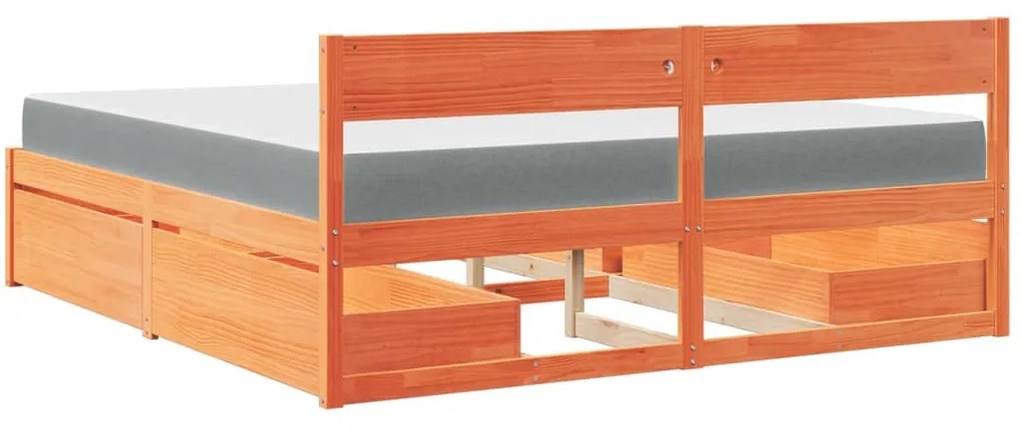 viaszbarna tömör fenyőfa ágy fiókokkal és matraccal 180x200 cm