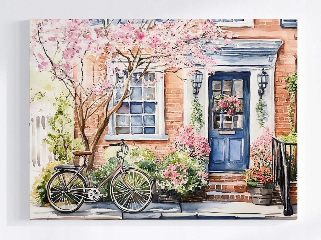 Poszter Város Utca Bérház Ajtó Virágok Kerékpár 100x75