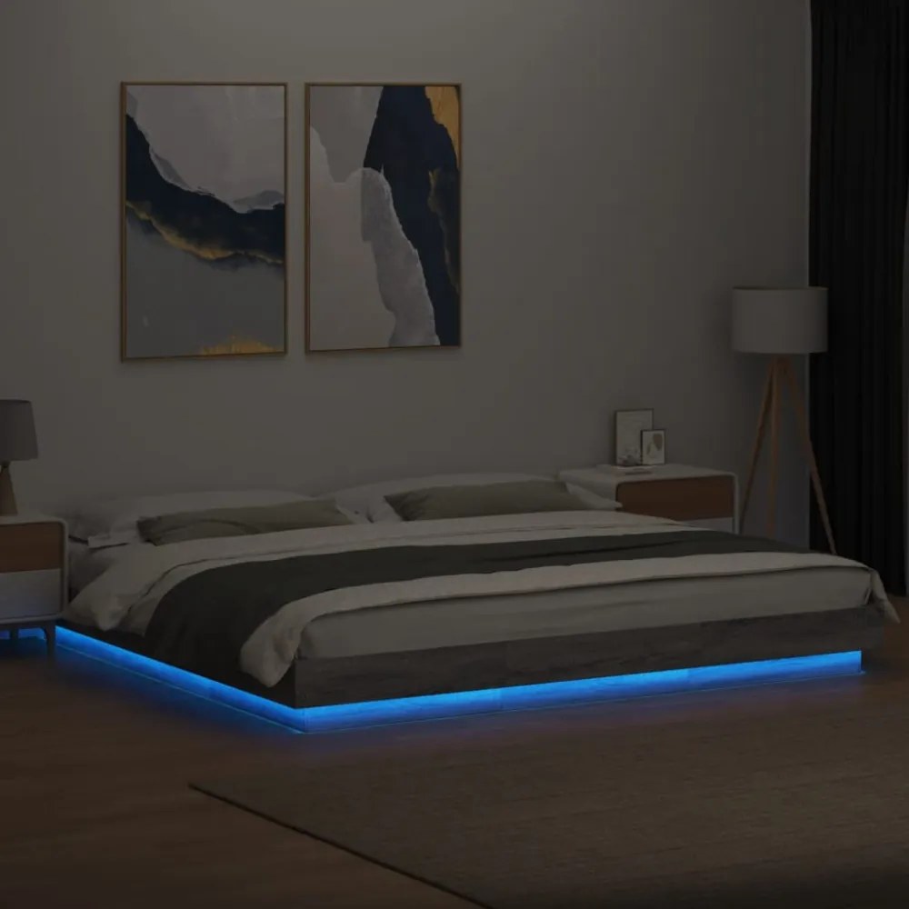 szürke sonoma színű szerelt fa ágykeret LED-del 200x200 cm