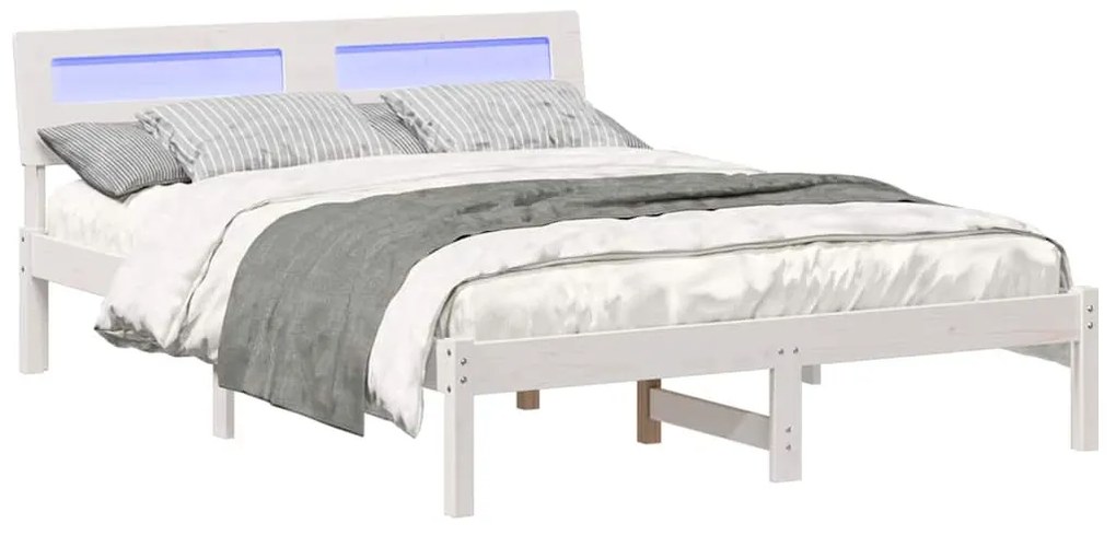 Ágykeret LED -es lámpákkal Fehér 140 x 190 cm Tömör fenyőfa
