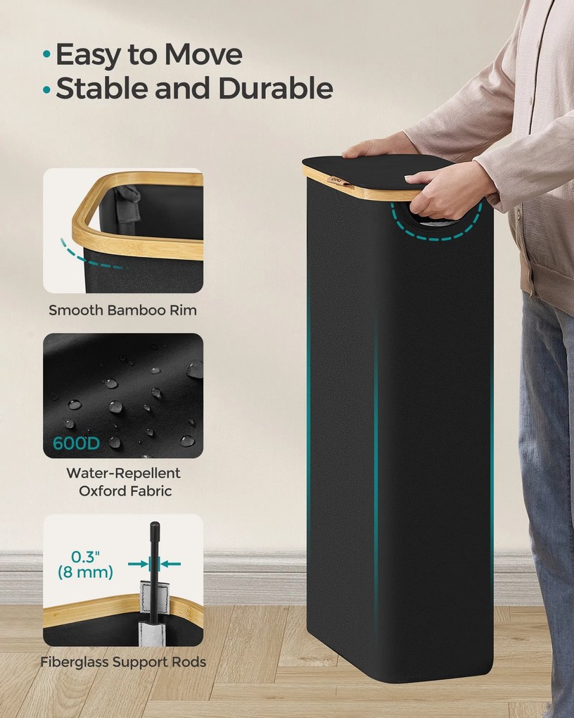 65l szennyeskosár fedéllel, keskeny kialakítás, 42 × 22,5 × 70,5 cm, fekete