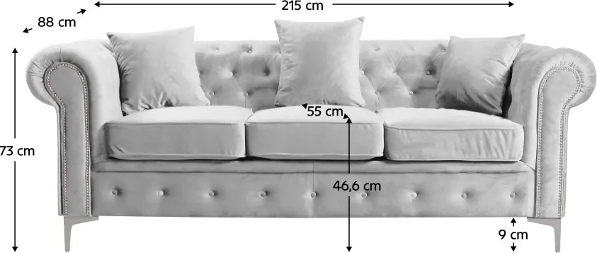 Kinyitható luxus 3-as ülés, világosszürke Velvet szövet, ROMANO