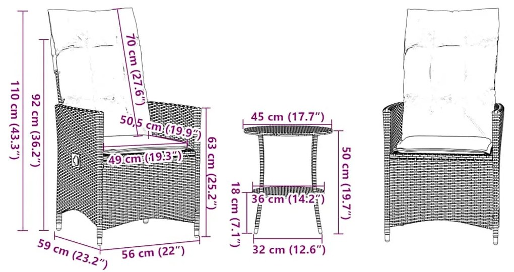 3 darabos szürke polyrattan bisztrógarnitúra párnákkal