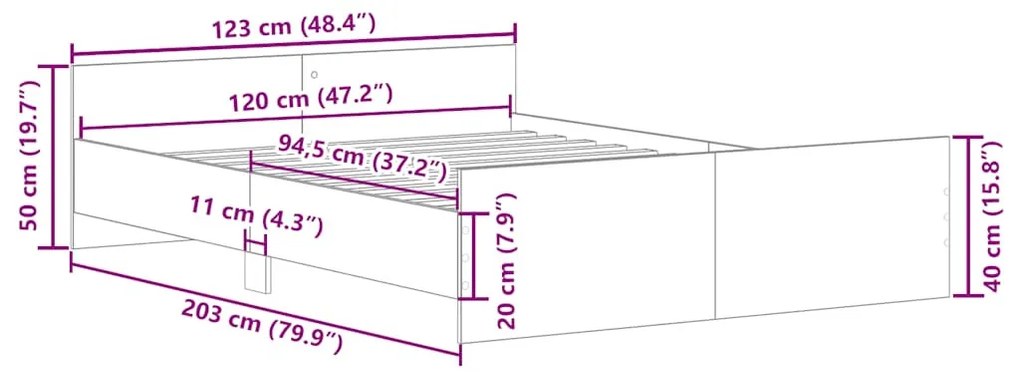 barna tölgyszínű fém ágykeret fej- és lábtámlával 120 x 200 cm