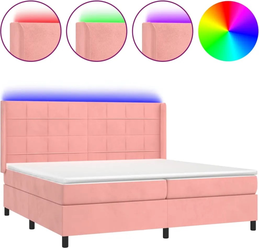 vidaXL rózsaszín bársony rugós és LED-es ágy matraccal 200x200 cm