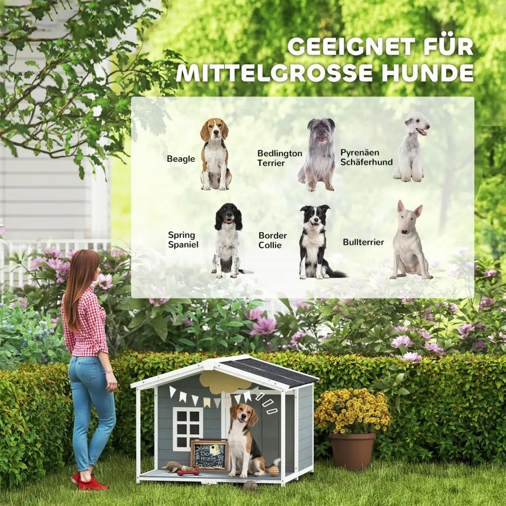 PawHut Kutyaház időjárásálló, emelt fa, aszfalt tetővel és terasszal, közepes testű kutyáknak, szürke