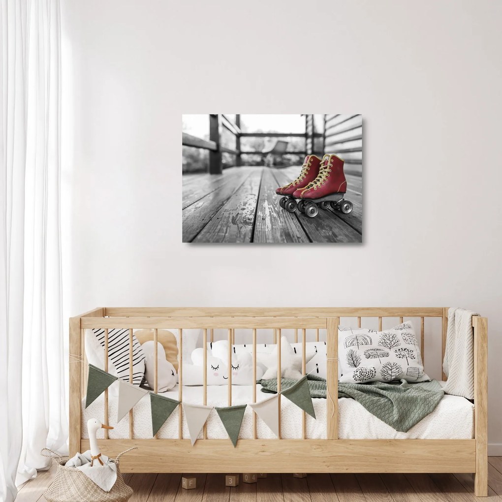 Egy piros régi görgős cipő képe (üvegen) (70x50 cm)