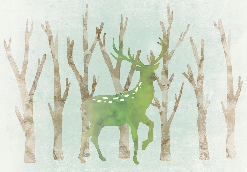 Flizelin fotótapéta Szarvas az erdőben akvarell szürke-zöld 254x184 +ragasztó