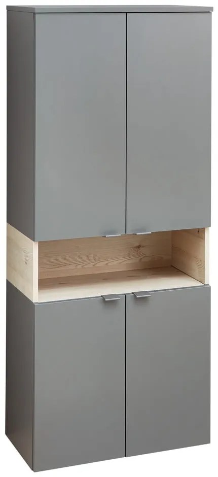 Szürke-natúr színű magas-fali fürdőszoba szekrény borovi fenyő dekorral 142x60 cm Quickset 394 – Pelipal