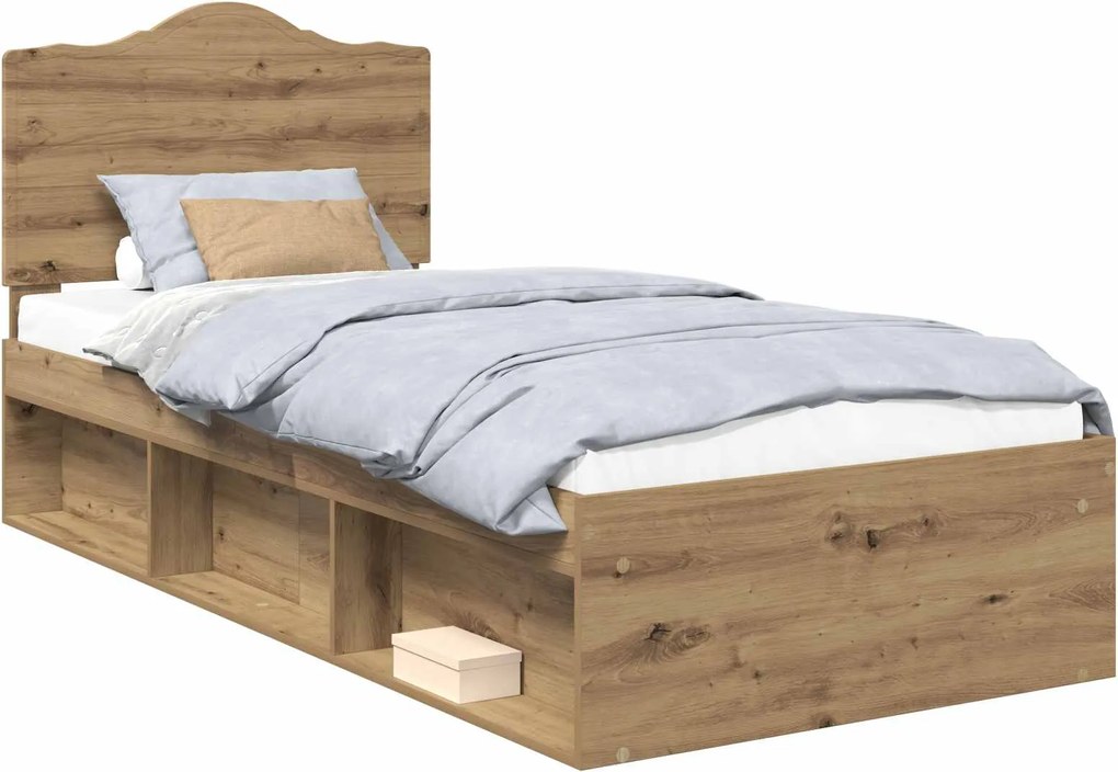 vidaXL Ágykeret fejtámlával Művészi tölgy 100 x 200 cm Tömör fenyőfa