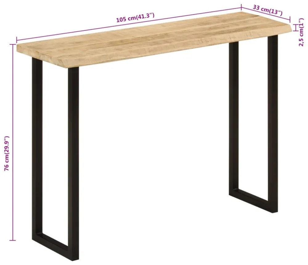 tömör mangófa konzolasztal természetes éllel 105 x 33 x 76 cm