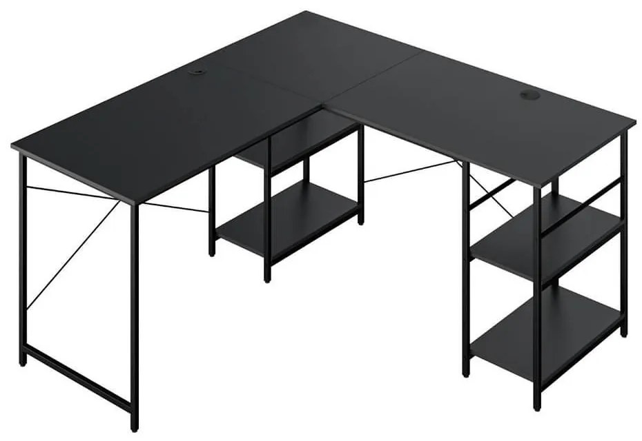 Átalakítható L alakú íróasztal polcokkal, fekete