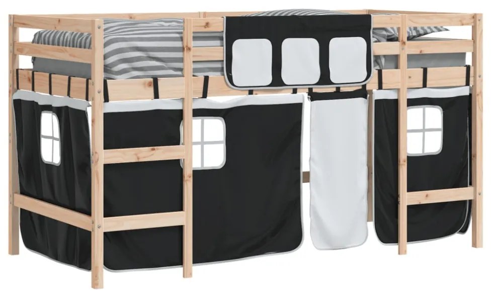 fehér-fekete tömör fenyő gyerek galériaágy függönnyel 90x190 cm