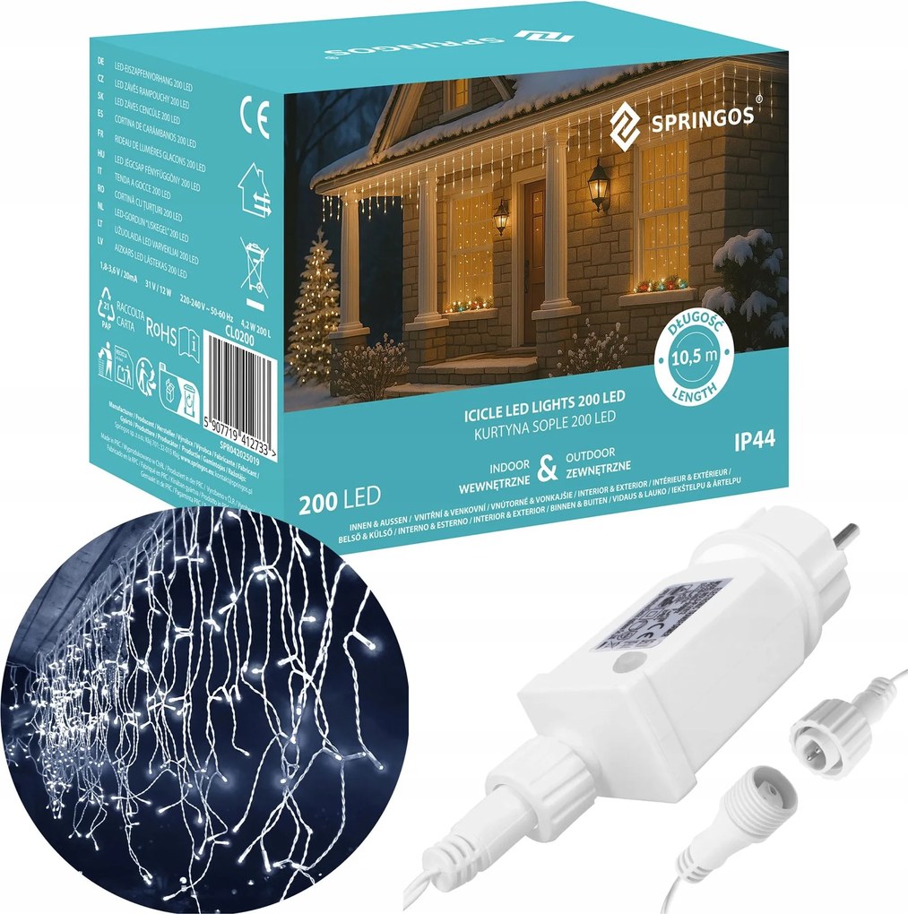 Jégcsap Lámpa Fényfüggöny 200 Led Fehér Hideg 10,5m Karácsonyi Flash