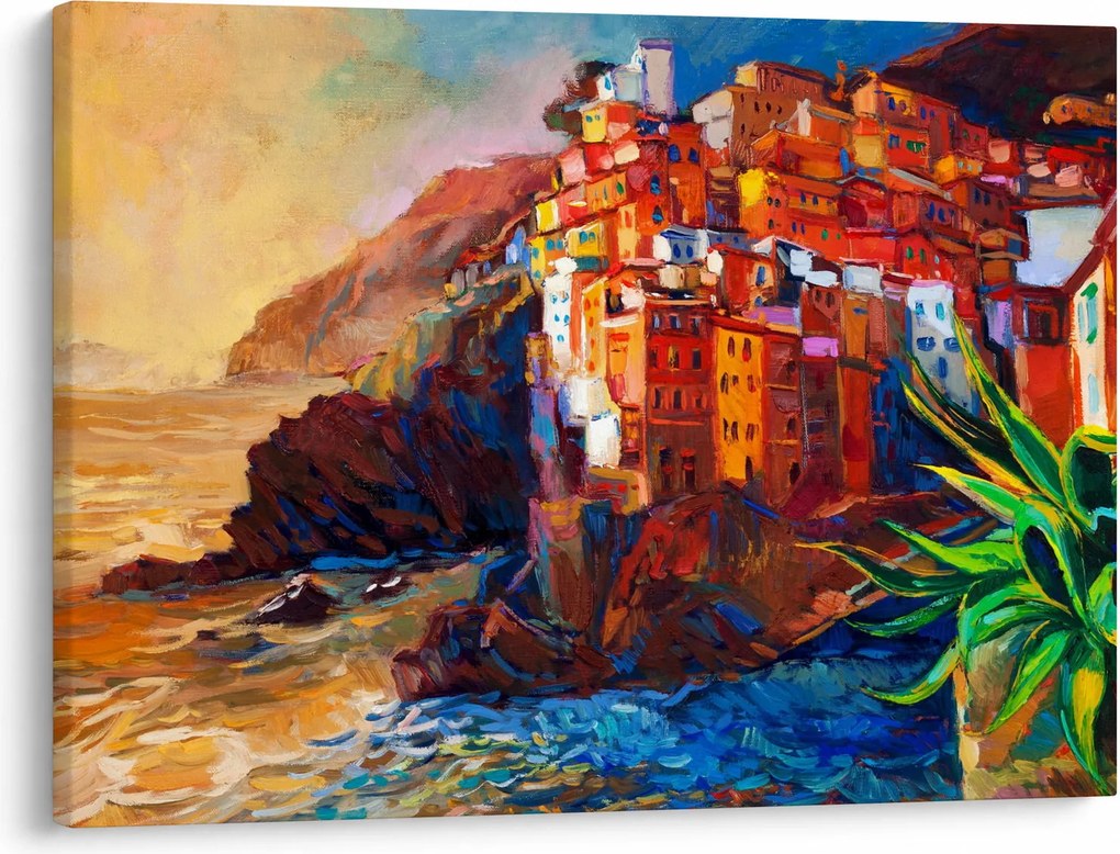 Kép - Falu Cinque Terre partján, az olasz riviérán, modern impresszionizmus (70x50 cm)