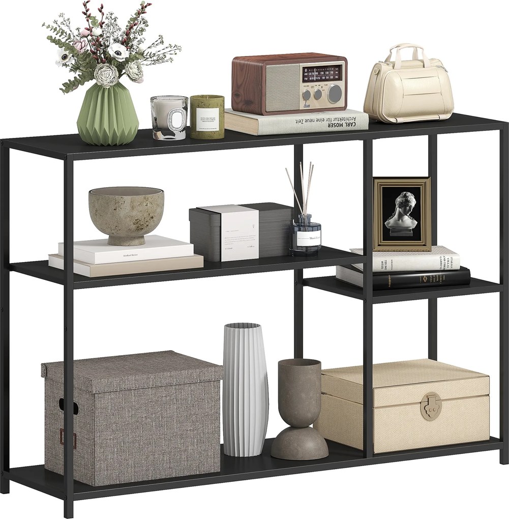 HOMCOM Konzol Asztal Előszobai Asztal 4 Polccal, Acélvázzal, Fém Polc Kicsi Terekhez, Bejárathoz, Előszobához, Nappaliba, 110 x 30 x 75 cm, Fekete | A