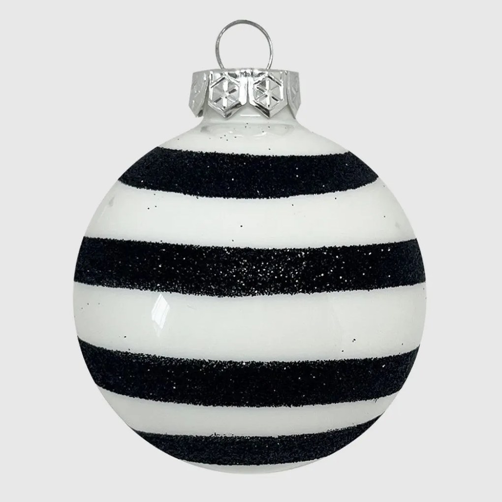 Fehér-fekete glitter csíkos kézzel festett karácsonyi üveggömb szett, 7 cm, 6 db