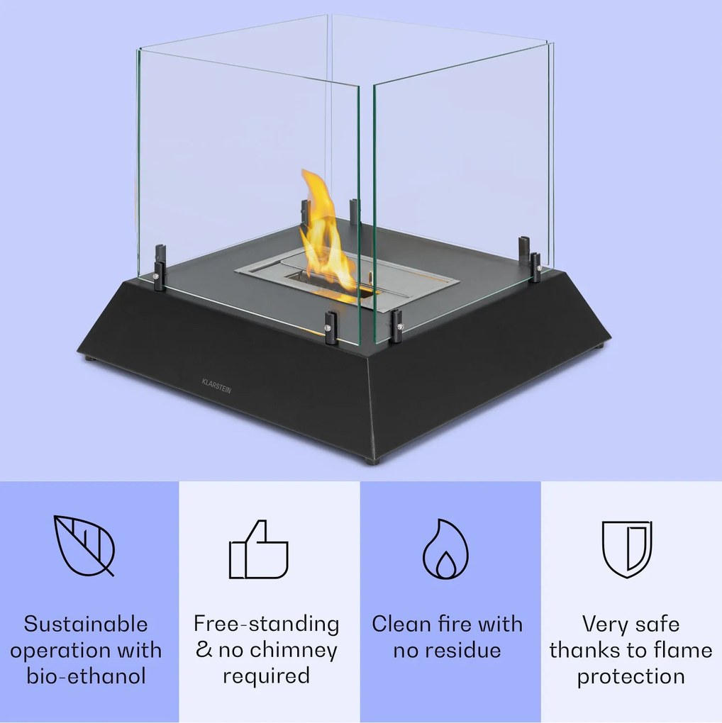 Klarstein Phantasma Cubo, etanol kandalló, rozsdamentes acél égő, füst- és szagmentes, biztonsági üveg