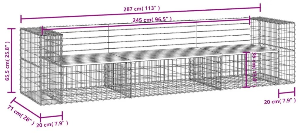 tömör duglászfenyő gabion kerti pad 287x71x65,5 cm