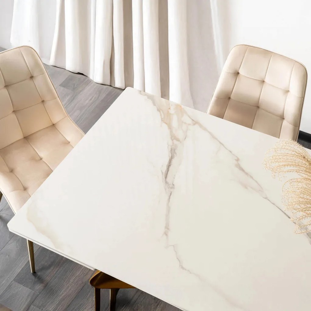 Fehér Márványhatású Bővíthető Kerámia Asztal Arany Lábbal. LUIGI 160-240 cm
