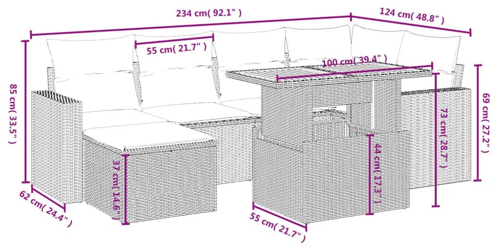 7 részes fekete polyrattan kerti ülőgarnitúra párnával