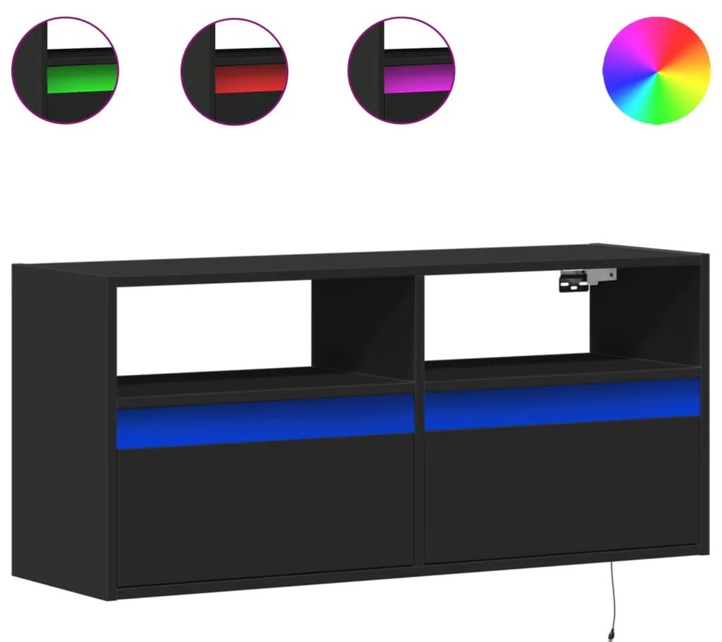 fekete fali TV-szekrény LED-világítással 100x31x45 cm