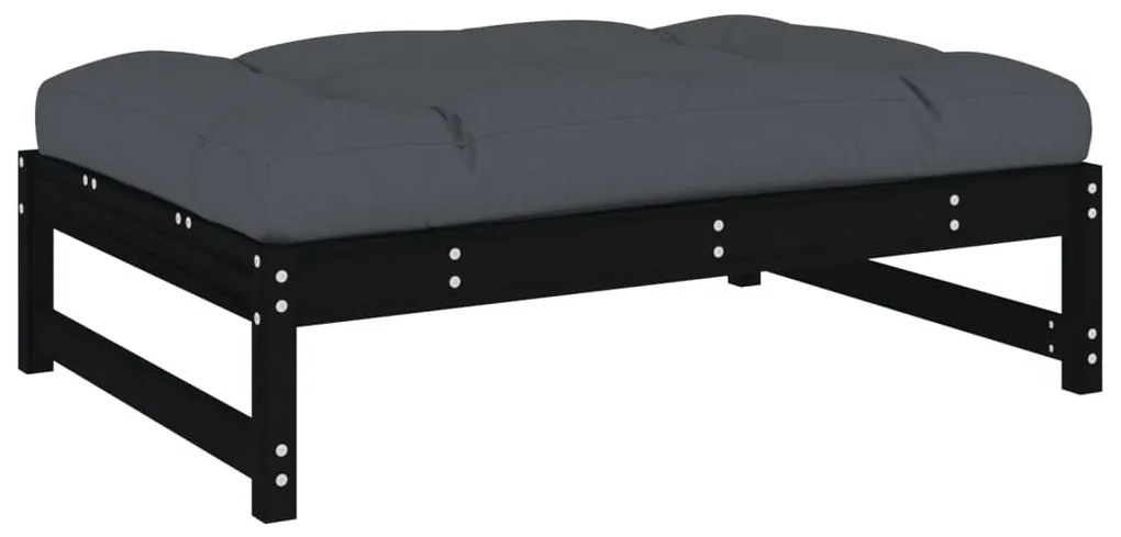 Fekete tömör fenyőfa kerti lábzsámoly párnával 120x80 cm