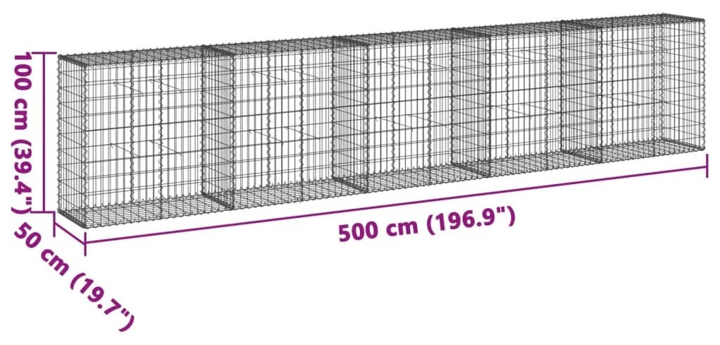 horganyzott vas gabion kosár fedéllel 500 x 50 x 100 cm