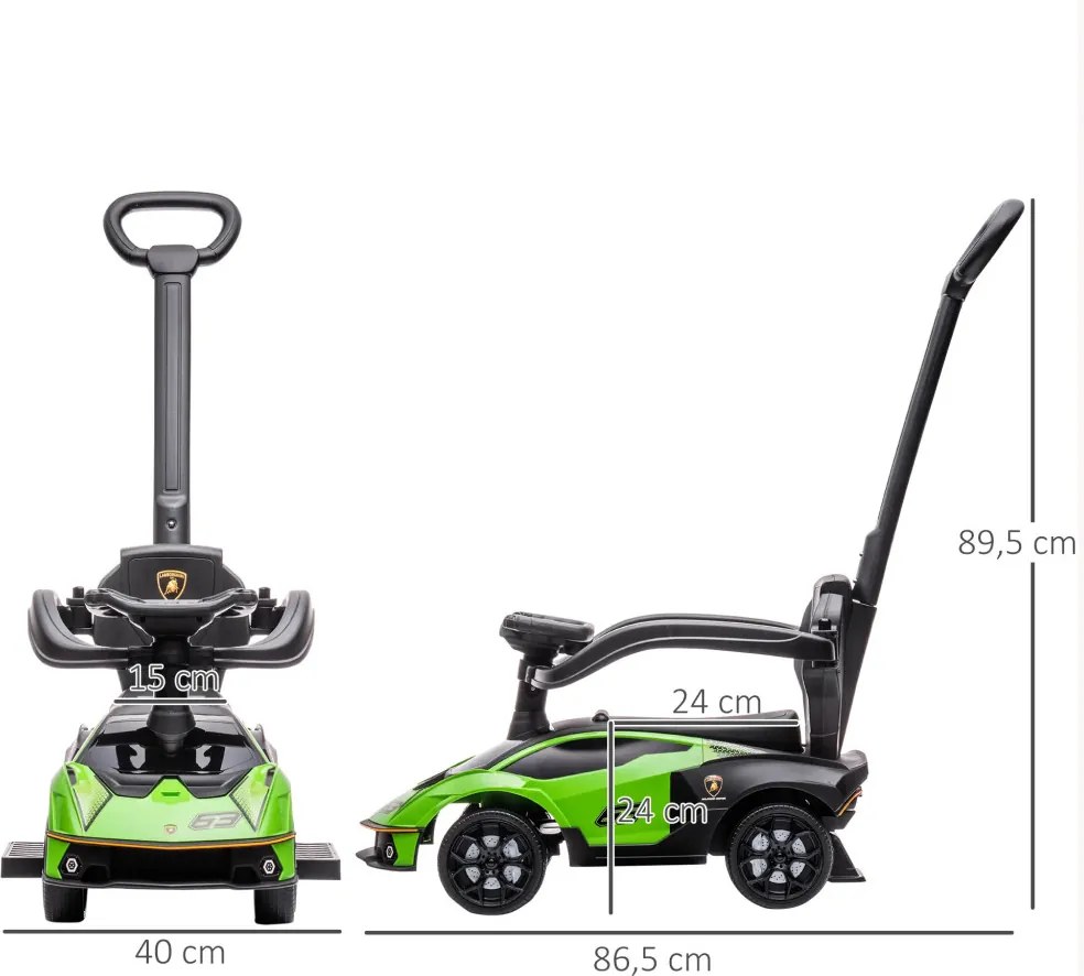 AIYAPLAY Ride-on autó tolókarral, 2 az 1-ben Ride-on jármű kormánykerékkel, kürttel, lábtartóval, üléstárolóval, zöld