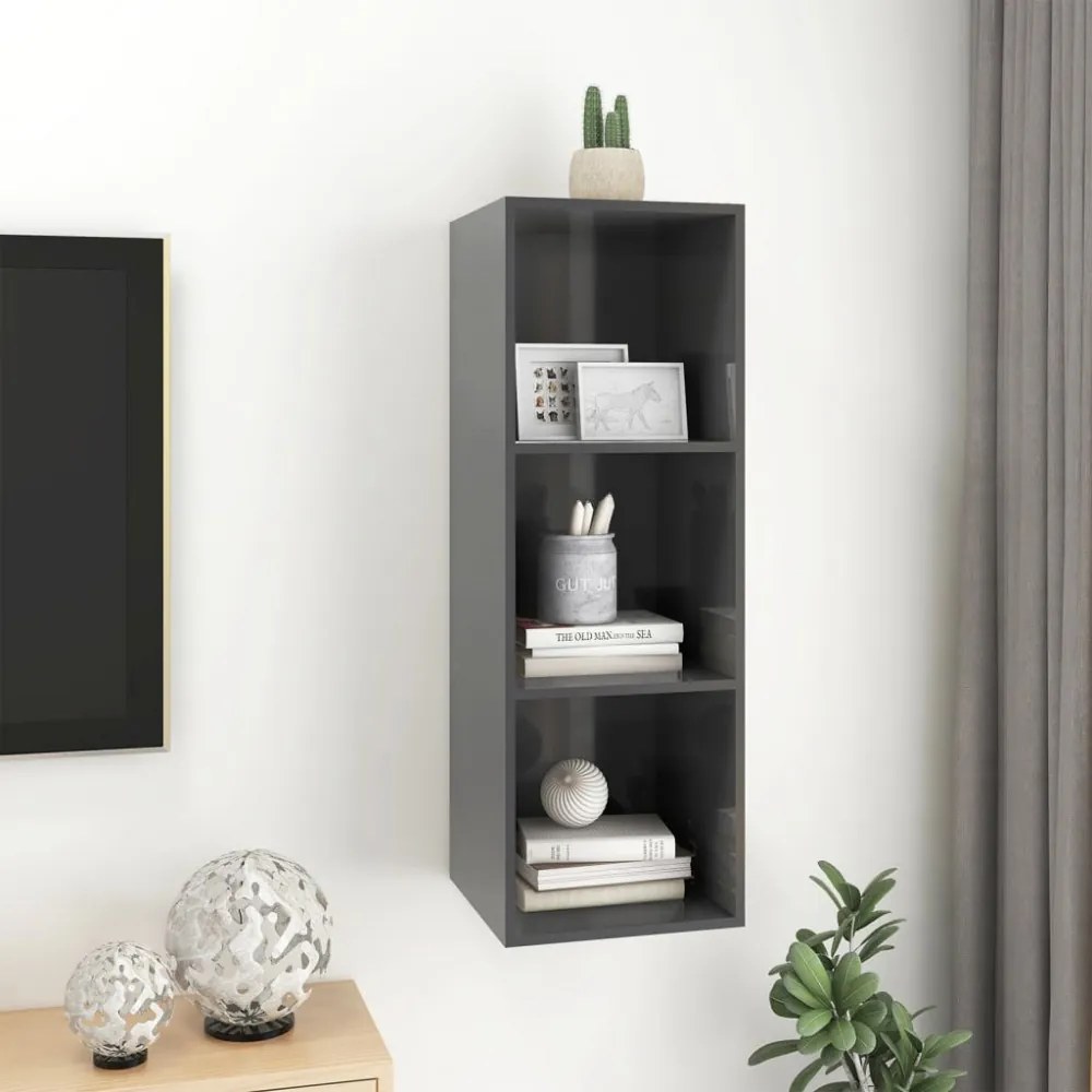 magasfényű szürke szerelt fa fali TV-szekrény 37 x 37 x 107 cm