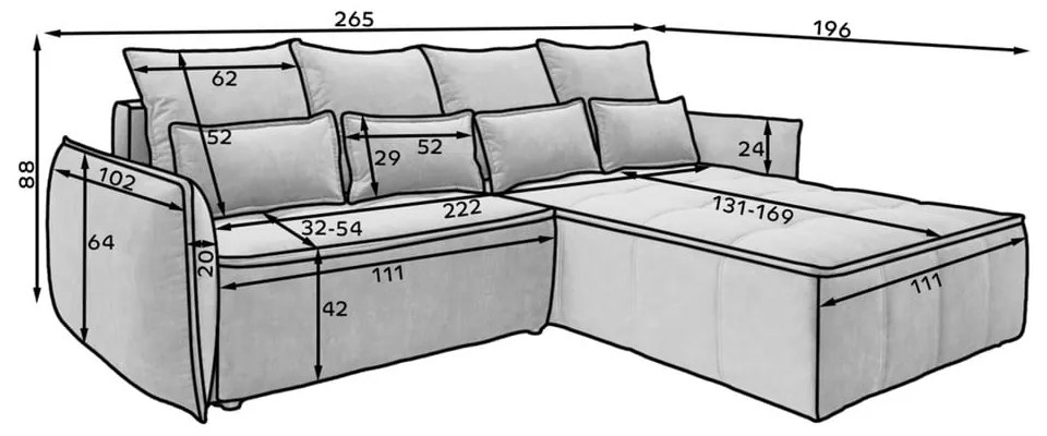 Kék bársony kinyitható-tárolóhelyes sarokkanapé (bal oldali-heverő résszel) Campo – ELTAP