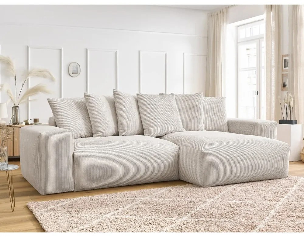 Krémszínű kordbársony kinyitható-tárolóhelyes sarokkanapé Voltaire – Bobochic Paris