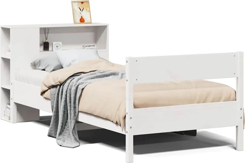 vidaXL fehér tömör fenyőfa könyvespolcos ágy matrac nélkül 75 x 190 cm