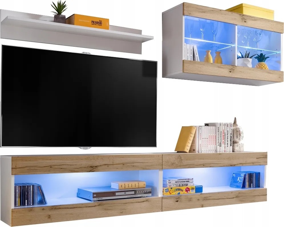 Rtv bútor szett Tivoli SET6 Fehér/Wotan tölgy, Kék Led