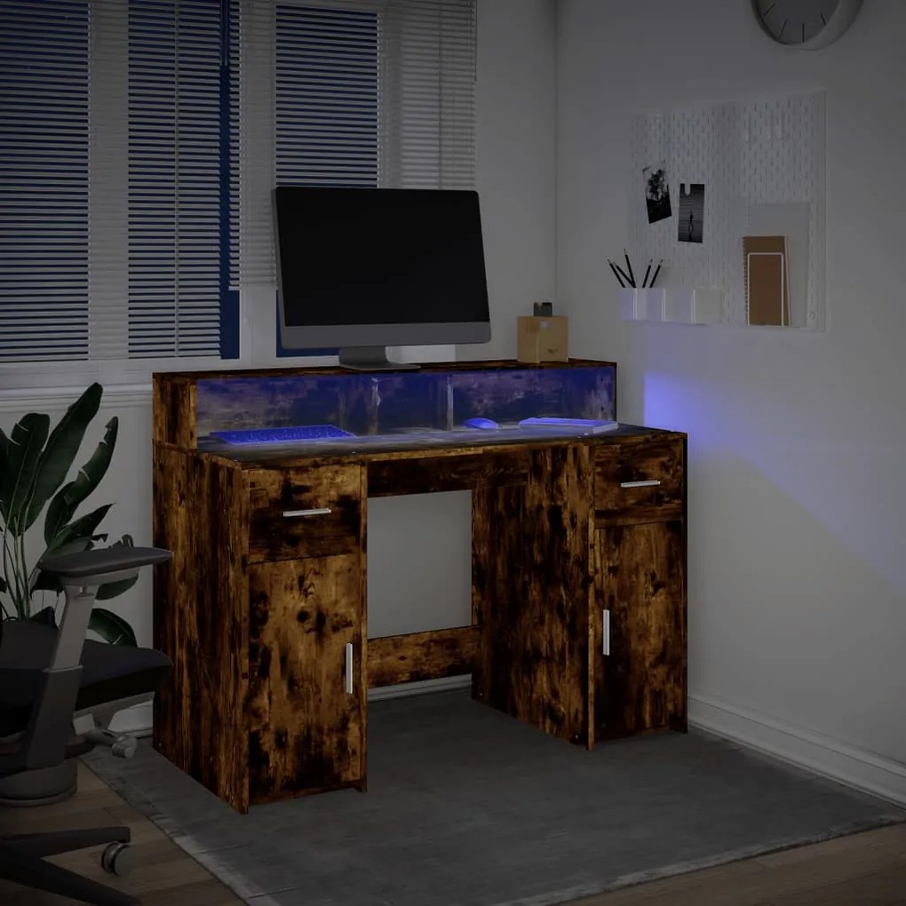 füstös tölgy színű szerelt fa íróasztal LED-ekkel 120x55x91 cm