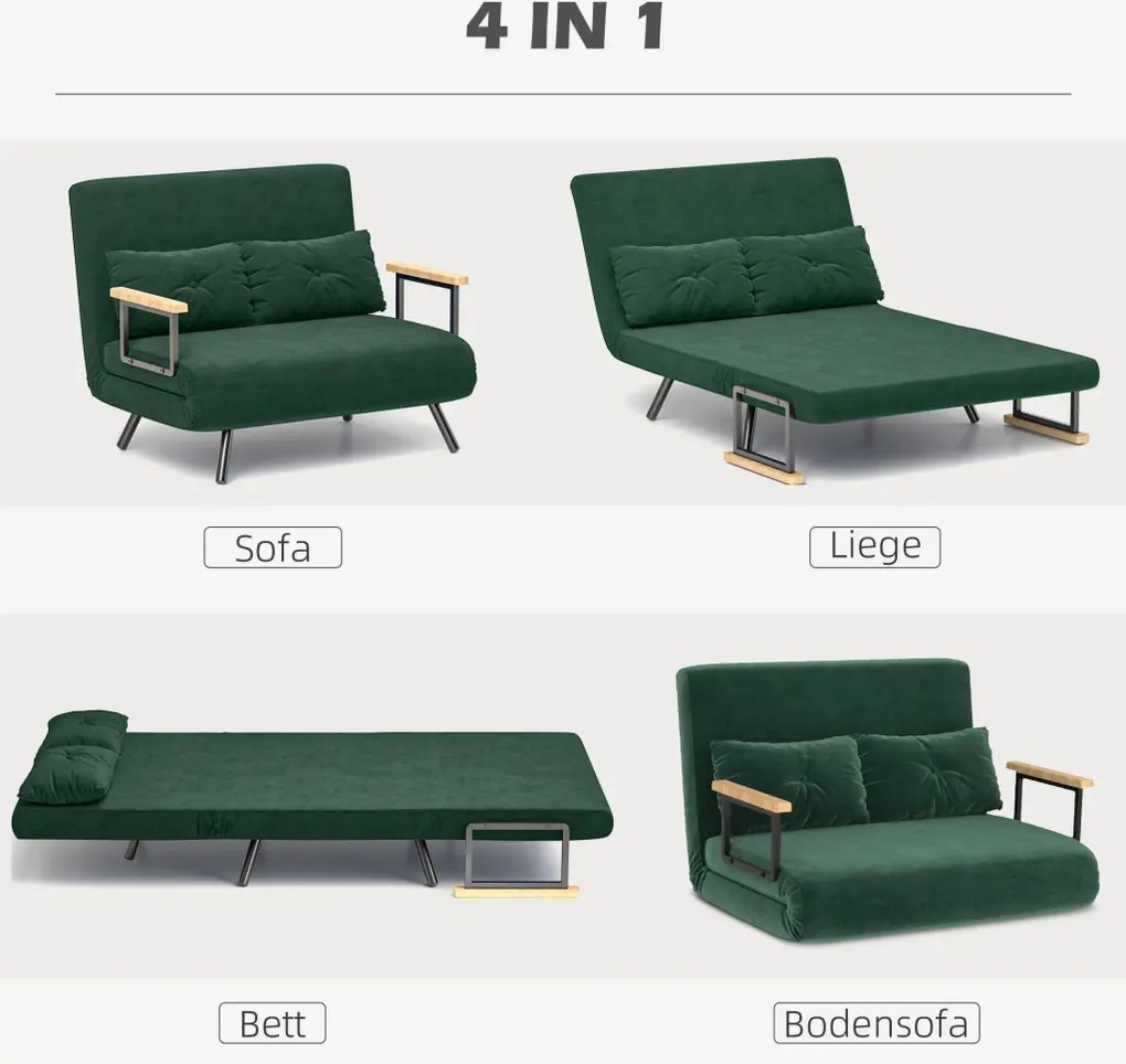 HOMCOM Kétszemélyes bársonykanapé, alvófunkcióval, 2 párnával, bársonyhatású, natúr-zöld