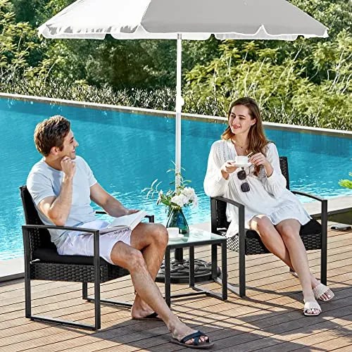 Kerti bútorszett, terasz ülőgarnitúra, polyrattan, asztal és 2 szék, fekete