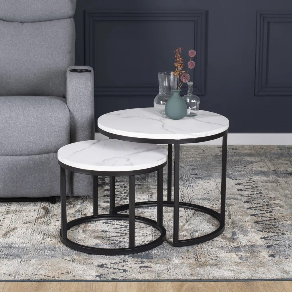Set de măsuțe de cafea din MDF cu aspect de marmură albă, DAFNE