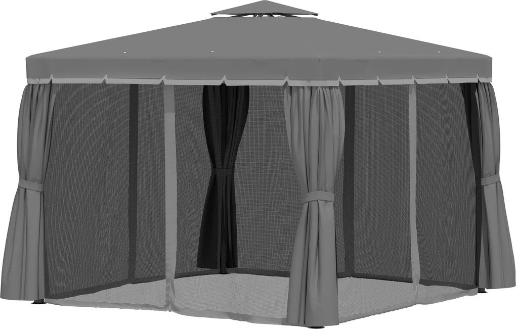 Outsunny Kerti Pavilon 2.96 x 2.96 m Kerti Sátor Double Roof Marquee 4 Oldalfallal Rovarhálóval Időjárásálló Alumínium Poliészter Sötétszürke | Aosom