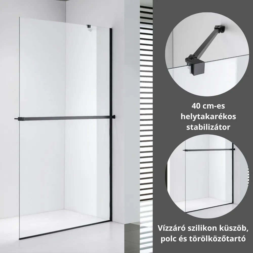 Stuxi Milano Easy Plus Black Walk-in zuhanyfal, 140x200 cm, 8 mm vastag vízlepergető üveggel, helytakarékos stabilizátorral, polccal, törölközőtartóval