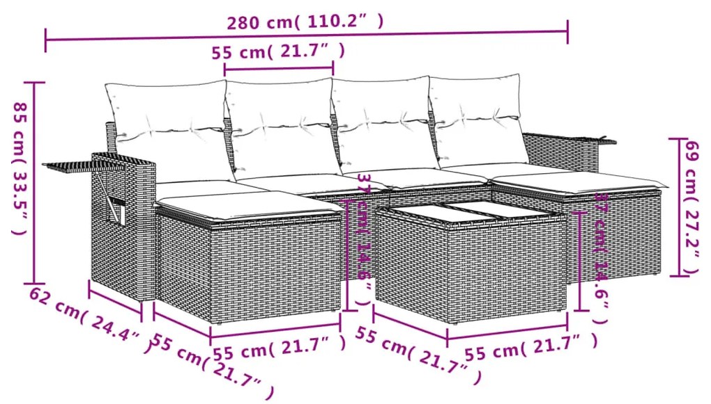 7 részes szürke polyrattan kerti ülőgarnitúra párnákkal