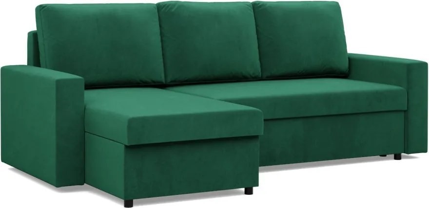 Zeus sarokkanapé, 2 ágyneműtartóval, egyenes kartámasz, bársony, univerzális oldal, hab töltet, zöld